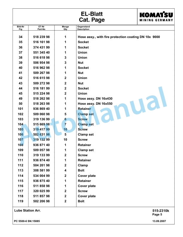Komatsu PC5500-6 Hydraulic Excavator Parts Manual G15085-4