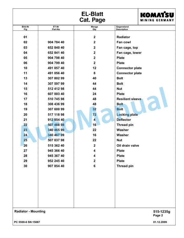 Komatsu PC5500-6 Hydraulic Excavator Parts Manual G15087-2