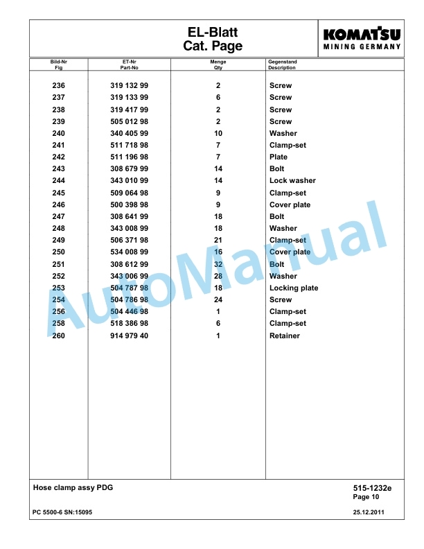 Komatsu PC5500-6 Hydraulic Excavator Parts Manual G15095-2