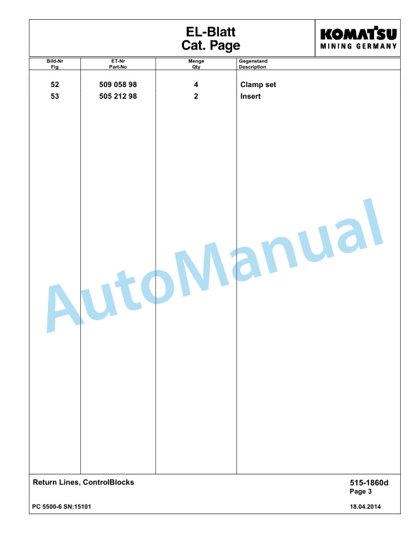 Komatsu PC5500-6 Hydraulic Excavator Parts Manual G15101-3