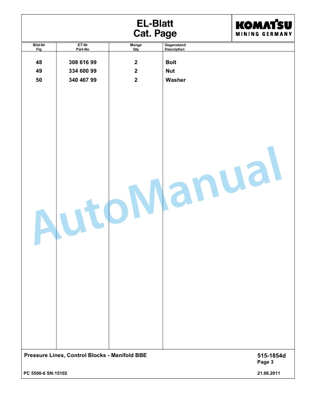 Komatsu PC5500-6 Hydraulic Excavator Parts Manual G15102-3