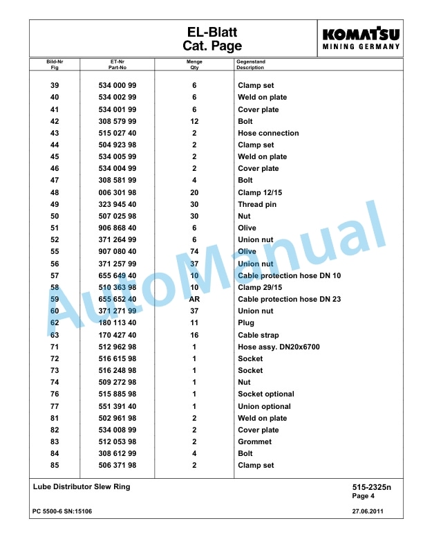 Komatsu PC5500-6 Hydraulic Excavator Parts Manual G15106-4