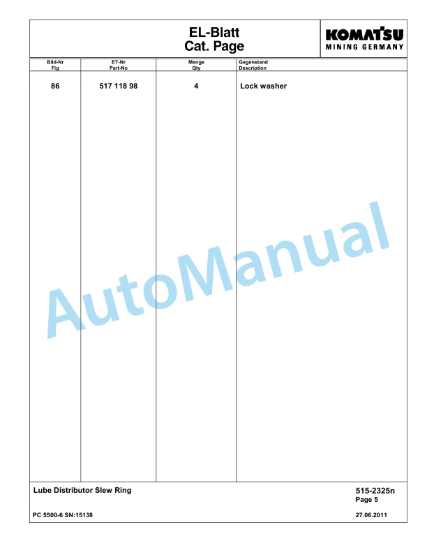 Komatsu PC5500-6 Hydraulic Excavator Parts Manual G15138-4