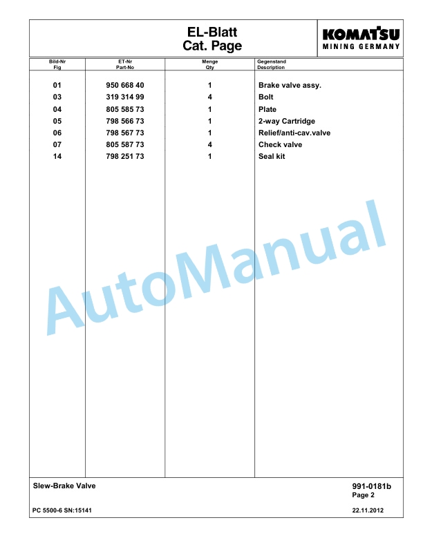 Komatsu PC5500-6 Hydraulic Excavator Parts Manual G15141-5