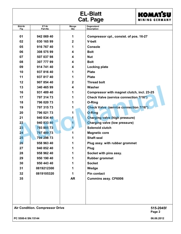 Komatsu PC5500-6 Hydraulic Excavator Parts Manual G15144-3