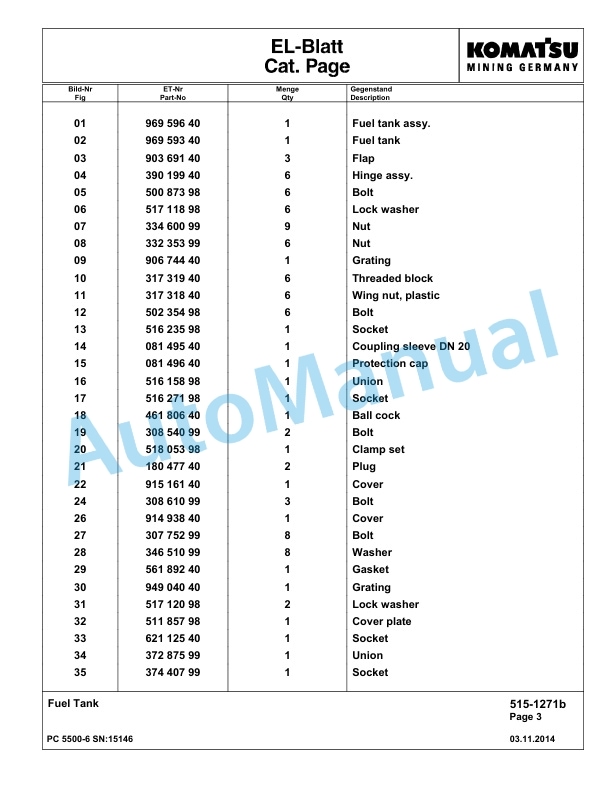 Komatsu PC5500-6 Hydraulic Excavator Parts Manual G15146-2