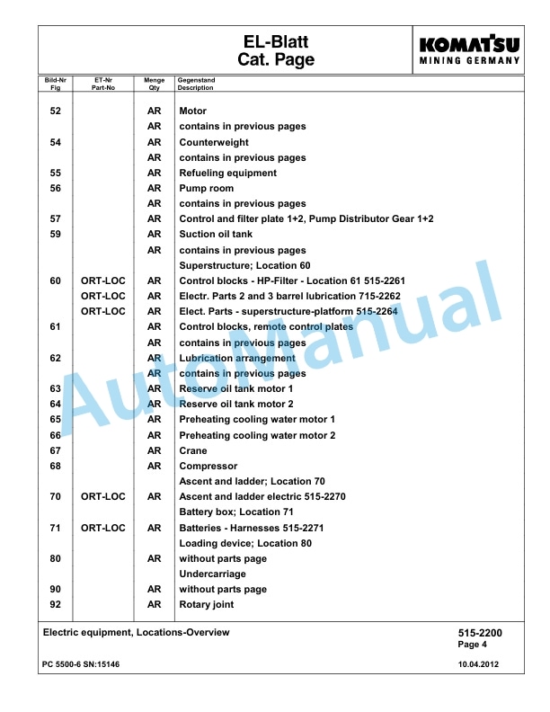 Komatsu PC5500-6 Hydraulic Excavator Parts Manual G15146-3