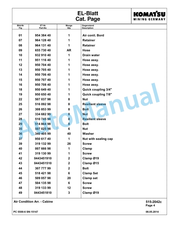 Komatsu PC5500-6 Hydraulic Excavator Parts Manual G15147-3