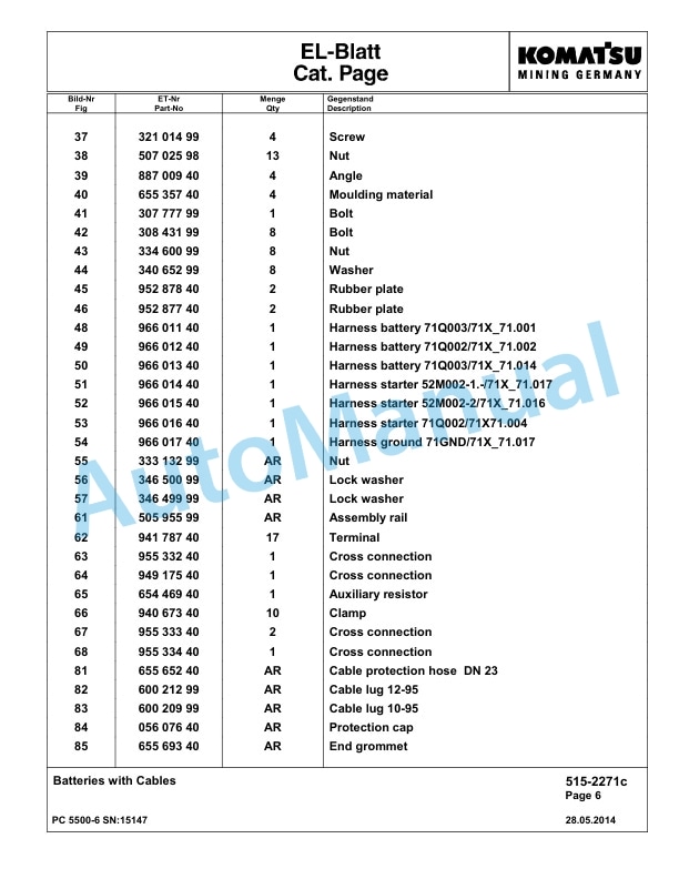 Komatsu PC5500-6 Hydraulic Excavator Parts Manual G15147-4