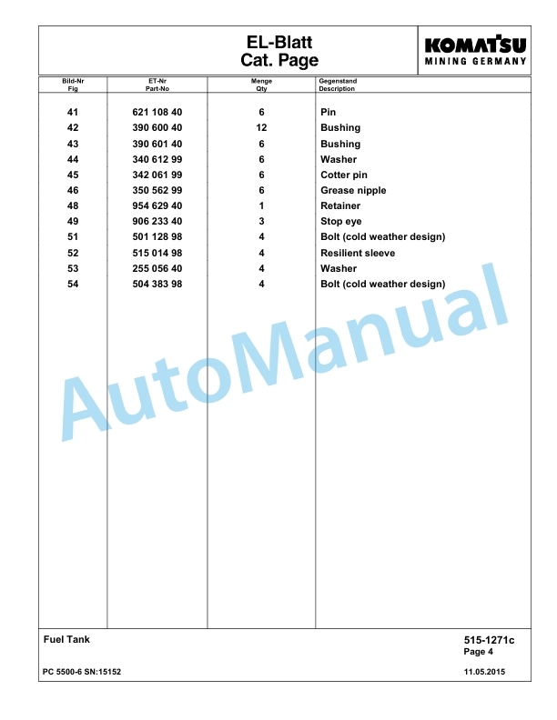 Komatsu PC5500-6 Hydraulic Excavator Parts Manual G15152-2