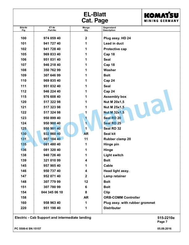 Komatsu PC5500-6 Hydraulic Excavator Parts Manual G15157 3 Komatsu PC5500-6 Hydraulic Excavator Parts Manual G15157-3