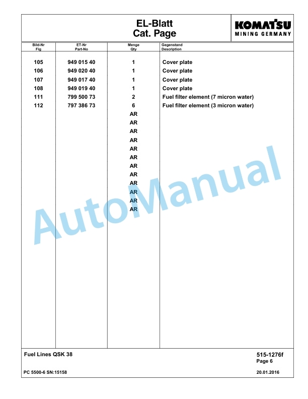 Komatsu PC5500-6 Hydraulic Excavator Parts Manual G15158 2 Komatsu PC5500-6 Hydraulic Excavator Parts Manual G15158-2