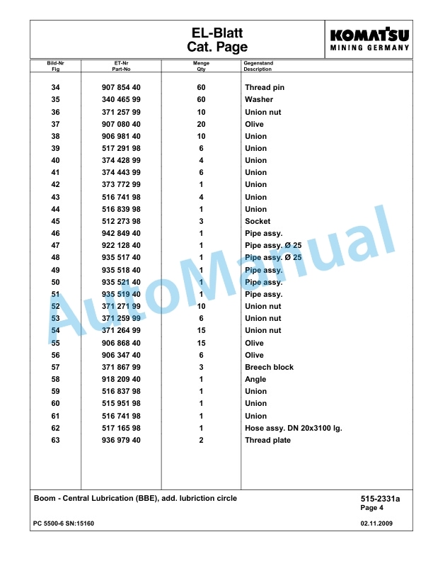 Komatsu PC5500-6 Hydraulic Excavator Parts Manual G15160 4 Komatsu PC5500-6 Hydraulic Excavator Parts Manual G15160-4