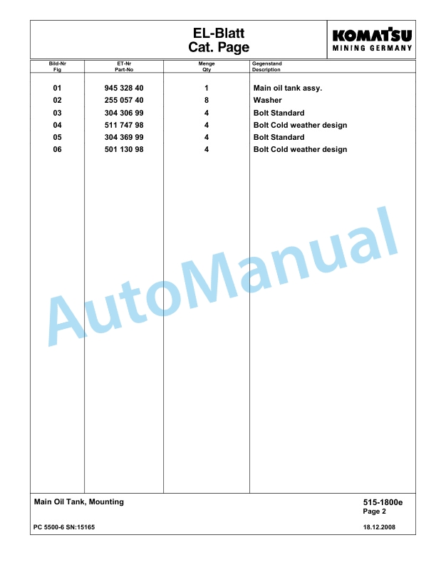 Komatsu PC5500-6 Hydraulic Excavator Parts Manual G15165 2 Komatsu PC5500-6 Hydraulic Excavator Parts Manual G15165-2