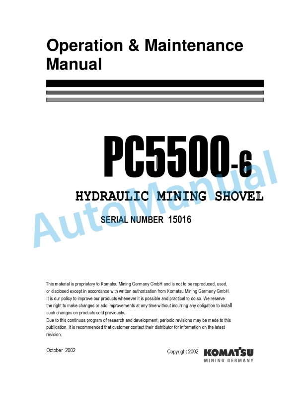 Komatsu PC5500-6 Hydraulic Mining Shovel Operation and Maintenance Manual
