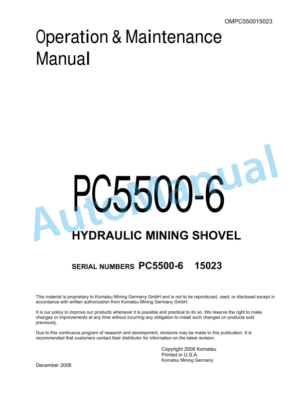 Komatsu PC5500-6 Hydraulic Mining Shovel Operation and Maintenance Manual OMPC550015023
