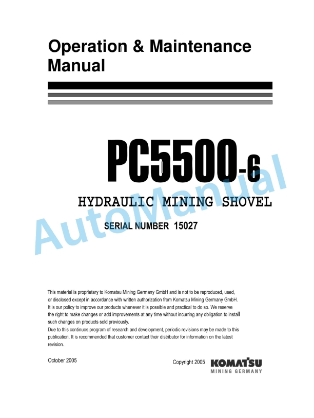 Komatsu PC5500-6 Hydraulic Mining Shovel Operation and Maintenance Manual OMPC550015027