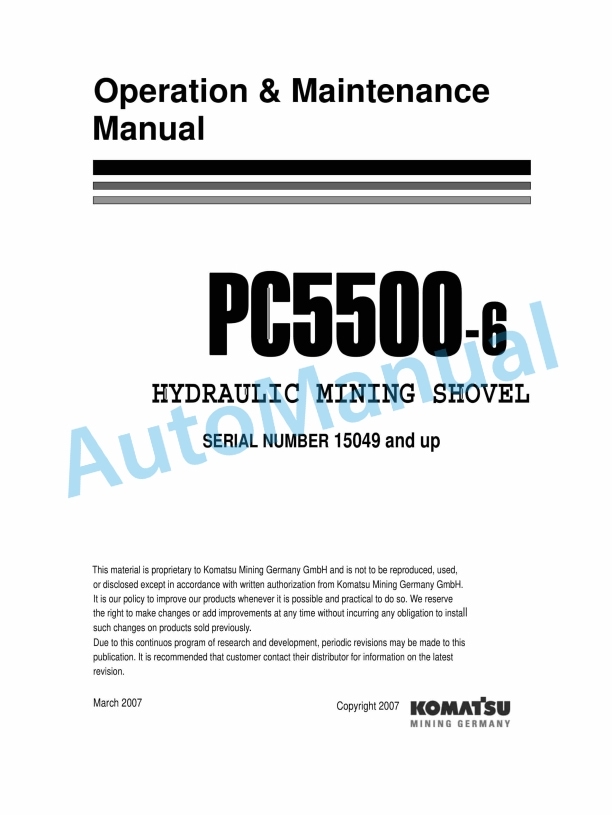 Komatsu PC5500-6 Hydraulic Mining Shovel Operation and Maintenance Manual OMPC550015049