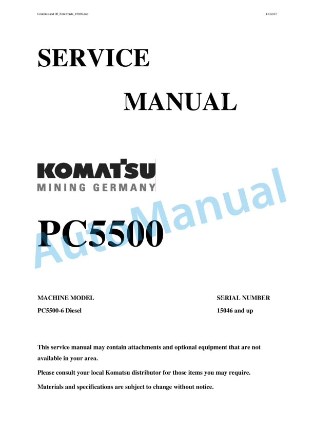 Komatsu PC5500-6 Hydraulic Mining Shovel Service Manual SMPC550015046
