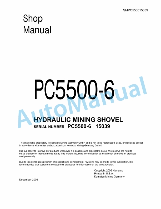 Komatsu PC5500-6 Hydraulic Mining Shovel Shop Manual SMPC550015039