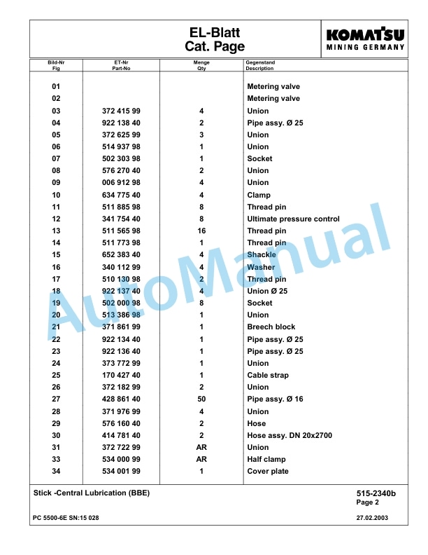 Komatsu PC5500-6E Hydraulic Excavator Parts Manual G15028 2 Komatsu PC5500-6E Hydraulic Excavator Parts Manual G15028-2