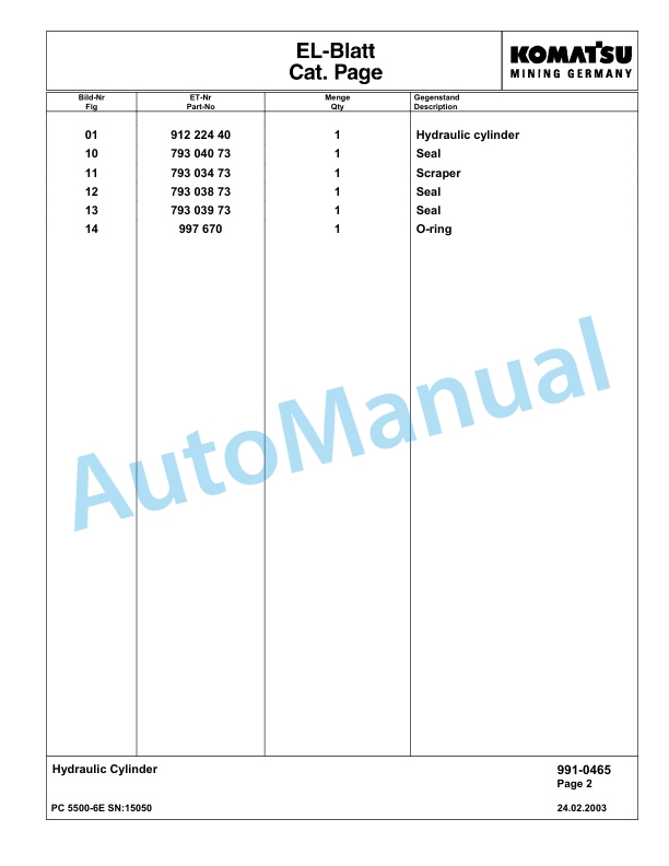 Komatsu PC5500-6E Hydraulic Excavator Parts Manual G15050 5 Komatsu PC5500-6E Hydraulic Excavator Parts Manual G15050-5