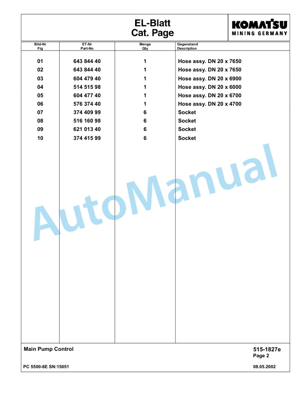 Komatsu PC5500-6E Hydraulic Excavator Parts Manual G15051 2 Komatsu PC5500-6E Hydraulic Excavator Parts Manual G15051-2