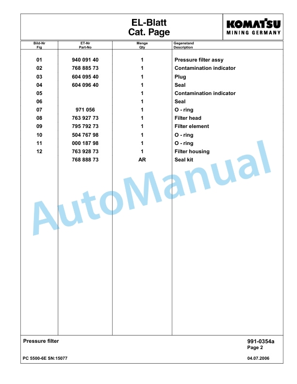 Komatsu PC5500-6E Hydraulic Excavator Parts Manual G15077 5 Komatsu PC5500-6E Hydraulic Excavator Parts Manual G15077-5