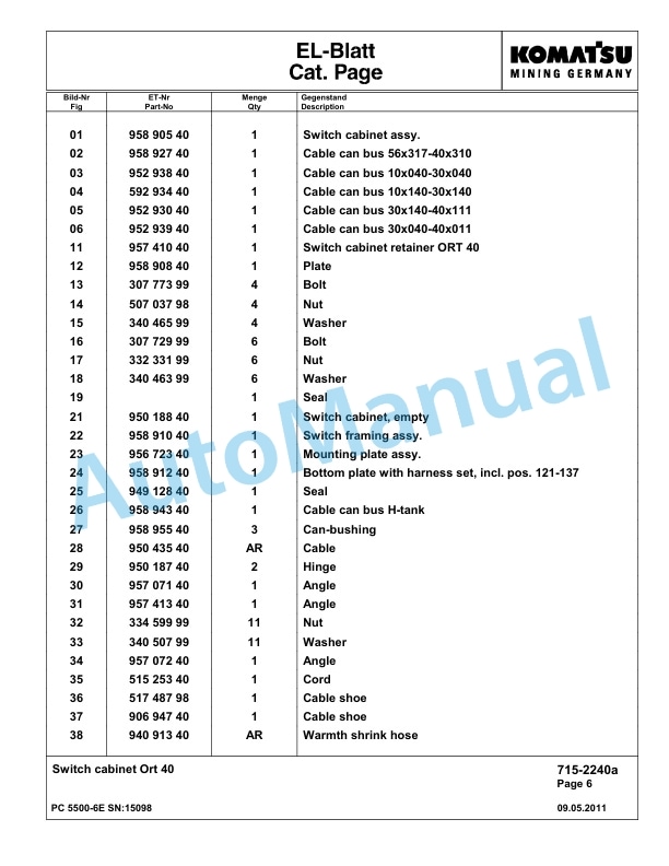 Komatsu PC5500-6E Hydraulic Excavator Parts Manual G15098-4