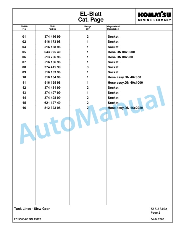 Komatsu PC5500-6E Hydraulic Excavator Parts Manual G15120-2