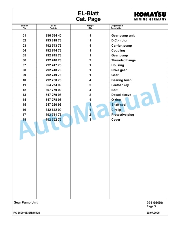 Komatsu PC5500-6E Hydraulic Excavator Parts Manual G15120-5