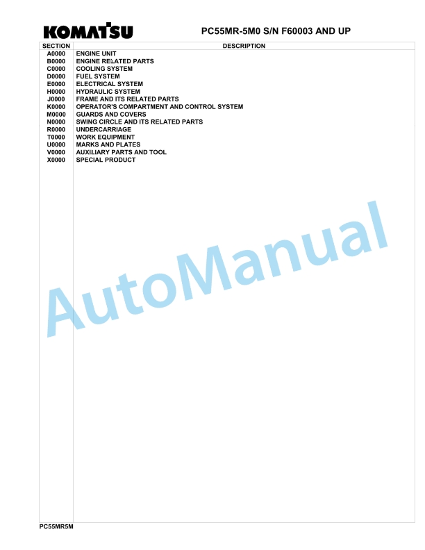Komatsu PC55MR-5E0 Hydraulic Excavator Parts Manual F60003-UP