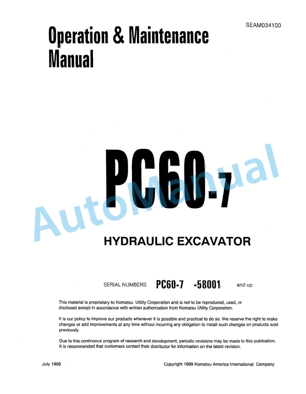 Komatsu PC60-7 Hydraulic Excavator Operation and Maintenance Manual SEAM034100