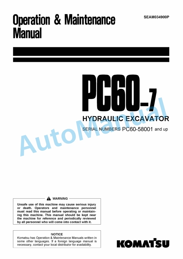 Komatsu PC60-7 Hydraulic Excavator Operation and Maintenance Manual SEAM034900P