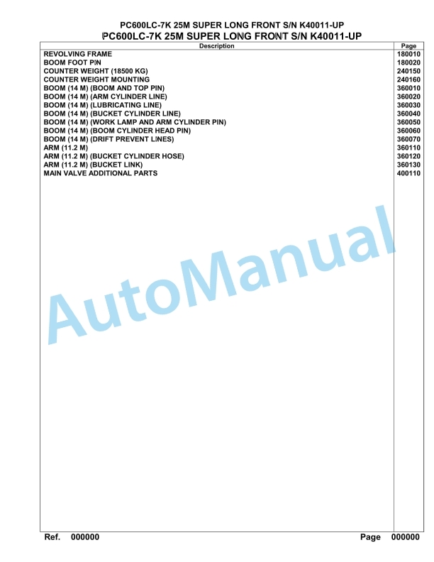Komatsu PC600LC-7K 25M Super Long Front Hydraulic Excavator Parts Manual K40011-UP