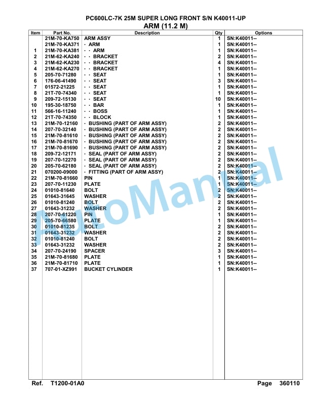 Komatsu PC600LC-7K 25M Super Long Front Hydraulic Excavator Parts Manual K40011-UP 5 Komatsu PC600LC-7K 25M Super Long Front Hydraulic Excavator Parts Manual K40011-UP-5