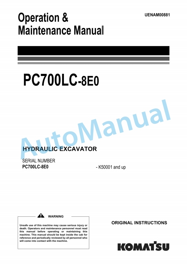 Komatsu PC700LC-8E0 Hydraulic Excavator Operation and Maintenance Manual UENAM00881