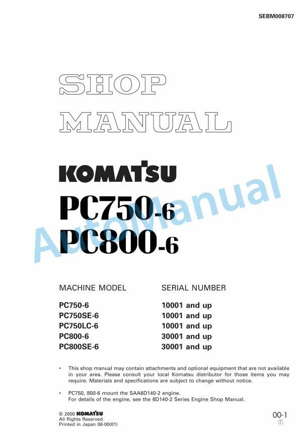 Komatsu PC750-6, PC800-6 Hydraulic Excavator Shop Manual SEBM008707