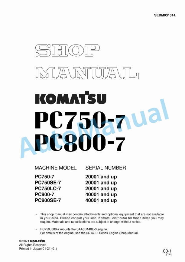 Komatsu PC750-7, PC800-7 Hydraulic Excavator Shop Manual SEBM031314