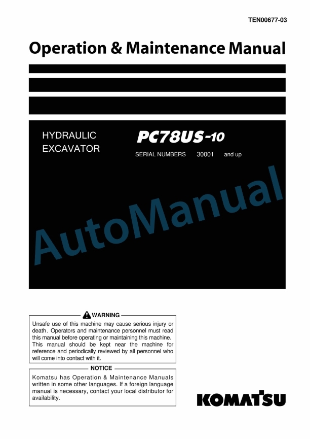 Komatsu PC78US-10 Hydraulic Excavator Operation and Maintenance Manual TEN00677-03