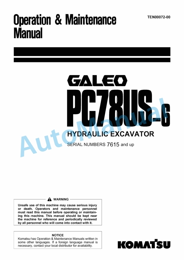 Komatsu PC78US-6 Galeo Hydraulic Excavator Operation and Maintenance Manual TEN00072-00