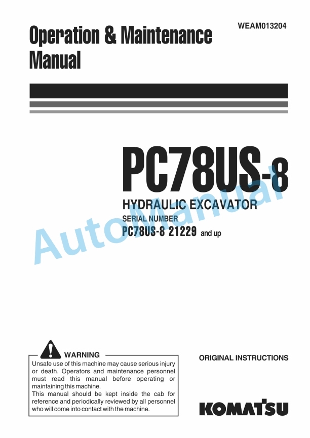 Komatsu PC78US-8 Hydraulic Excavator Operation and Maintenance Manual WEAM013204