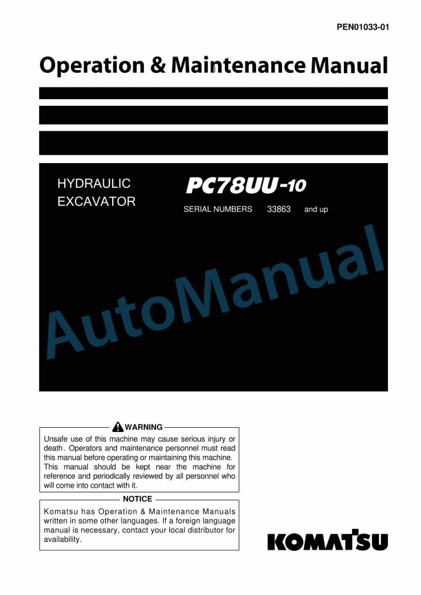 Komatsu PC78UU-10 Hydraulic Excavator Operation and Maintenance Manual PEN01033-01