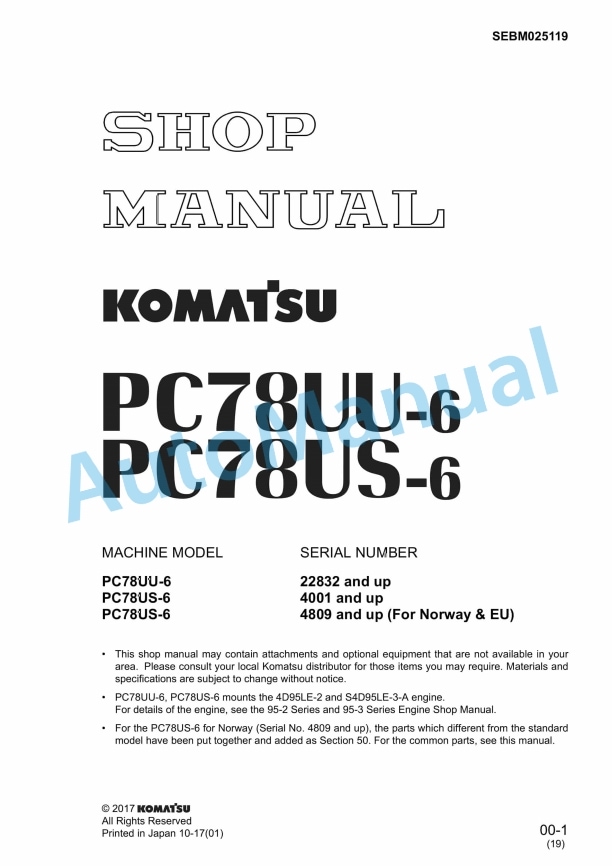 Komatsu PC78UU-6, PC78US-6 Hydraulic Excavator Shop Manual SEBM025119