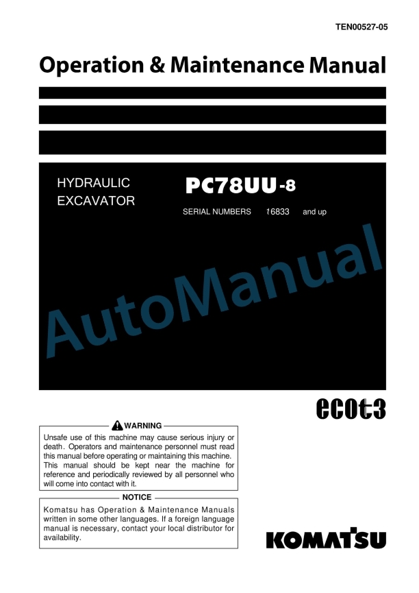 Komatsu PC78UU-8 Hydraulic Excavator Operation and Maintenance Manual TEN00527-05