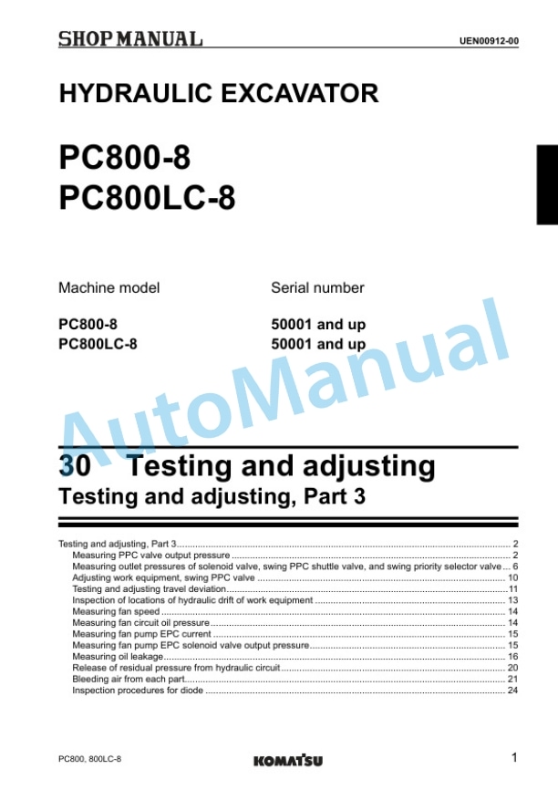 Komatsu PC800-8, PC800LC-8 Galeo Hydraulic Excavator Shop Manual UEN00373-01 3 Komatsu PC800-8, PC800LC-8 Galeo Hydraulic Excavator Shop Manual UEN00373-01 - Image 3