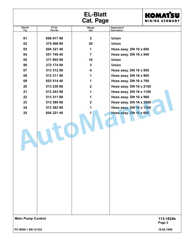 Komatsu PC8000-1 Hydraulic Excavator Parts Manual G12033 3 Komatsu PC8000-1 Hydraulic Excavator Parts Manual G12033-3