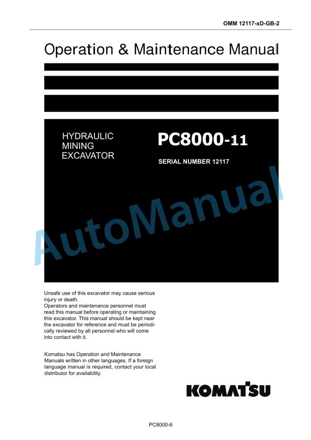 Komatsu PC8000-11 Hydraulic Mining Excavator Operation and Maintenance Manual 12117-xD-GB-2