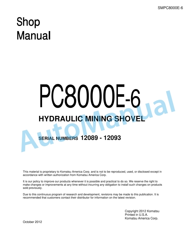 Komatsu PC8000-6 Hydraulic Mining Shovel Shop Manual SMPC8000E-6