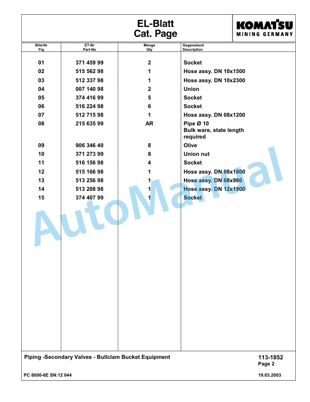 Komatsu PC8000-6E Hydraulic Excavator Parts Manual G12044 2 Komatsu PC8000-6E Hydraulic Excavator Parts Manual G12044-2